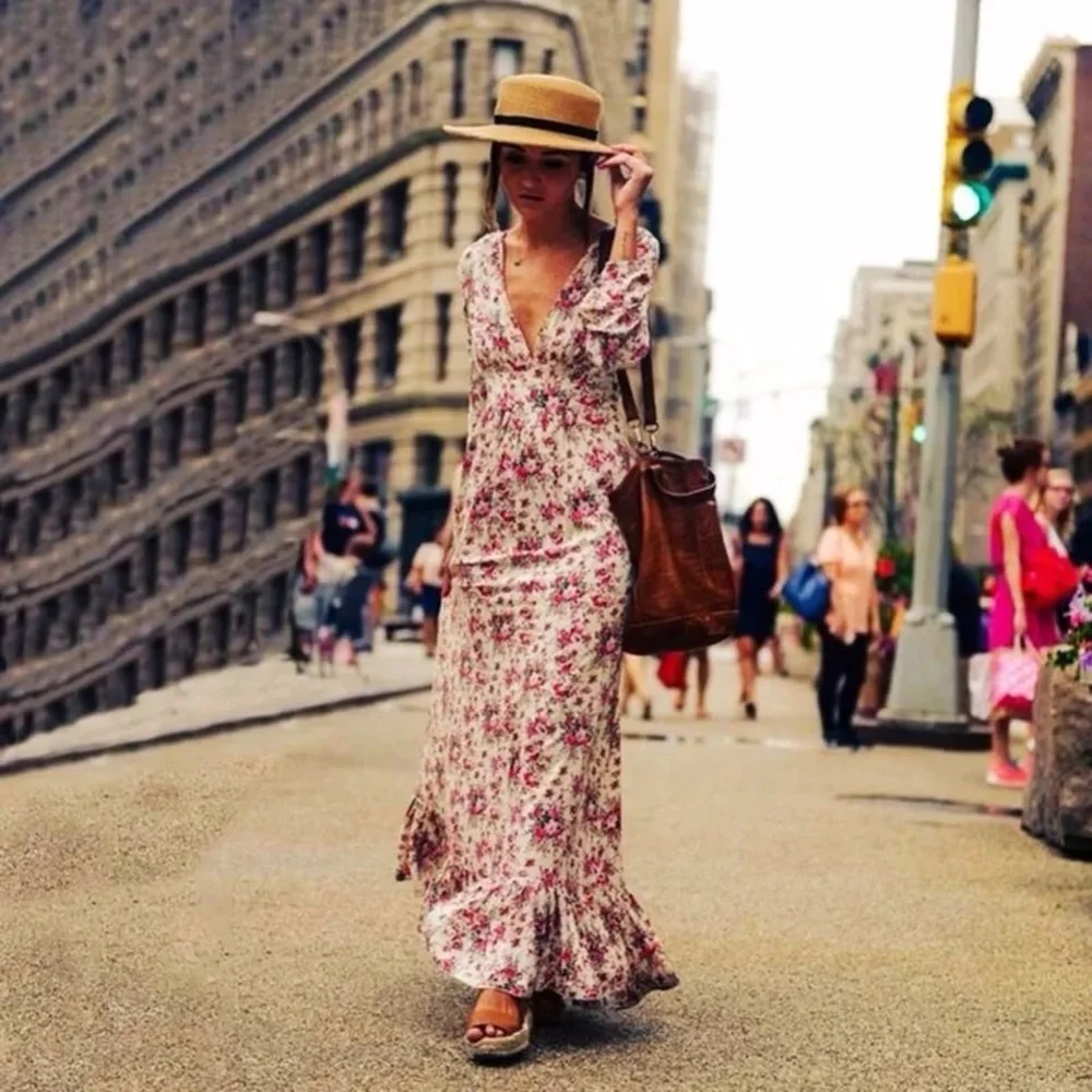 Flowing Blooms Boho Maxi Dress W/Slim Full Skirt, Floral Maxi Dress, Long Sleeve - Picture 4 of 11